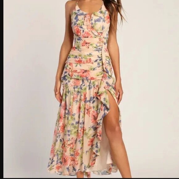 Lulus Dresses & Skirts - Lulu’s Stunning Soiree Blush Pink Floral Print Ruched Midi Dress NWT Size Small